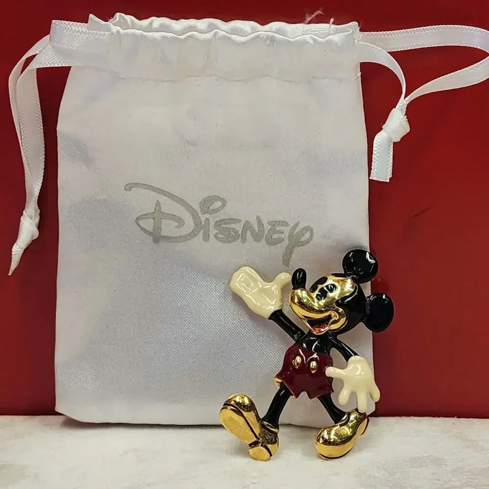 Disney Napier Gold-Tone Enamel Mickey Mouse Moving Hand Pin Brooch